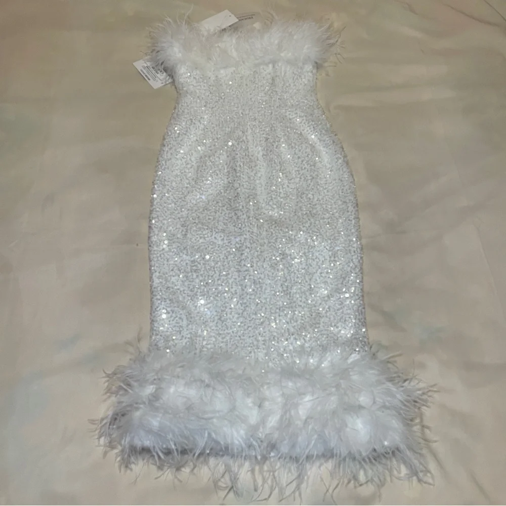 NEW! Nadine Merabi- White Katie Dress Midi Strapless Sequin Size Small NO BELT - Picture 7 of 10